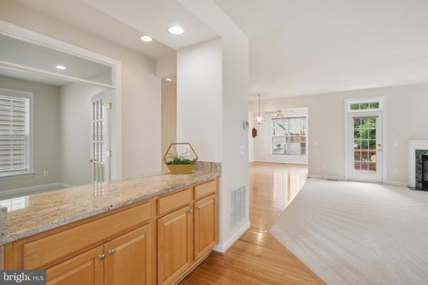 Fireplace, Interior, Pendant Lights, Recessed Lighting, Wood Texture Flooring