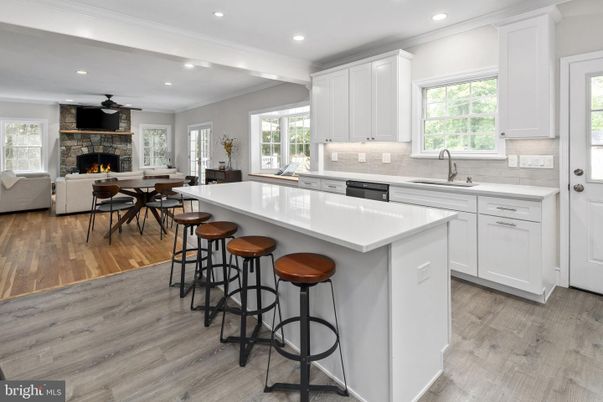 Dining room, Fireplace, Interior, Kitchen, Living room, Recessed Lighting, Wood Texture Flooring