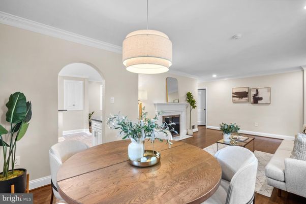 Dining room, Fireplace, Interior, Living room, Pendant Lights, Recessed Lighting, Wood Texture Flooring