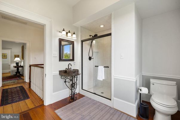 Bathroom, Glass Shower, Interior, Recessed Lighting, Wood Texture Flooring