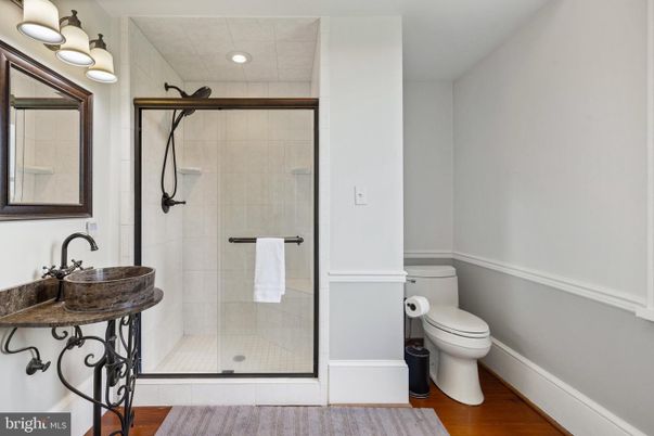 Bathroom, Glass Shower, Interior, Recessed Lighting, Wood Texture Flooring