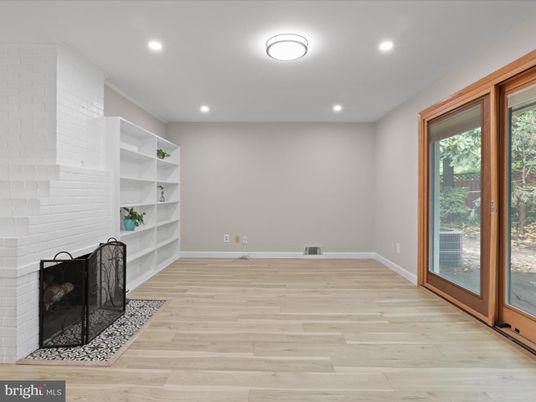 Empty room, Fireplace, Interior, Recessed Lighting, Wood Texture Flooring