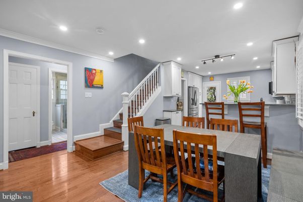Dining room, Interior, Kitchen, Recessed Lighting, Stainless Steel Appliances, Wood Texture Flooring