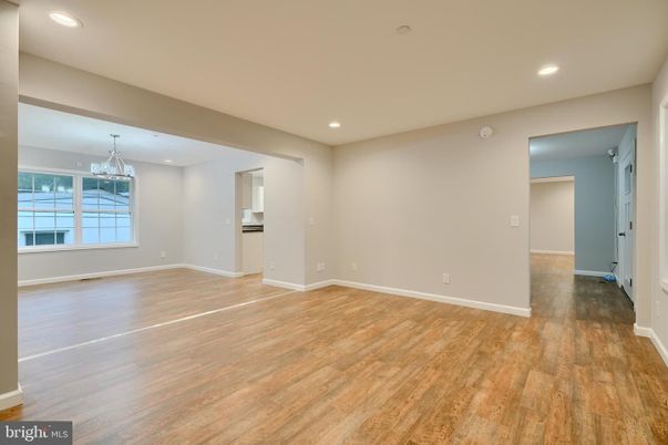 Chandelier, Empty room, Interior, Recessed Lighting, Wood Texture Flooring