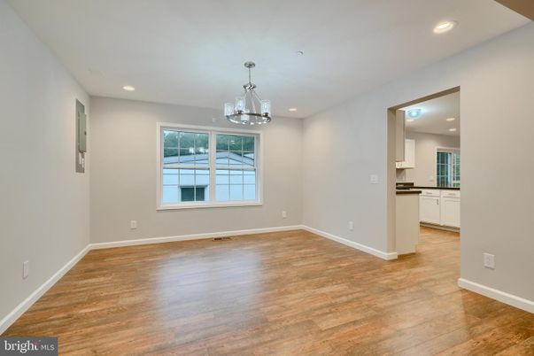 Empty room, Interior, Kitchen, Pendant Lights, Recessed Lighting, Wood Texture Flooring