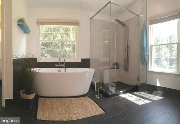 Bathroom, Free Standing Baths, Glass Shower, Interior, Wood Texture Flooring