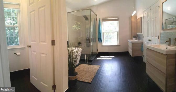 Bathroom, Glass Shower, Interior, Recessed Lighting, Wood Texture Flooring