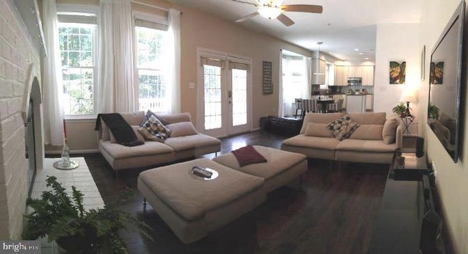 Fireplace, Interior, Kitchen, Living room, Pendant Lights, Recessed Lighting, Stone Walls, Wood Texture Flooring