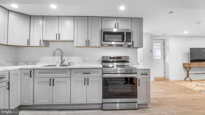 Interior, Kitchen, Recessed Lighting, Stainless Steel Appliances, Wood Texture Flooring