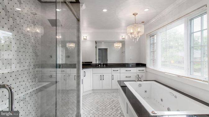 Bathroom, Chandelier, Dual Sink Vanities, Glass Shower, Interior, Recessed Lighting