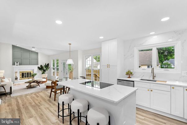 Dining room, Fireplace, Interior, Kitchen, Living room, Pendant Lights, Recessed Lighting, Wood Texture Flooring