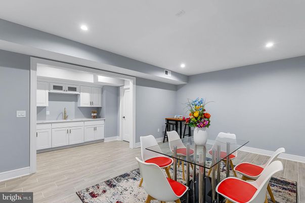 Dining room, Interior, Recessed Lighting, Wood Texture Flooring
