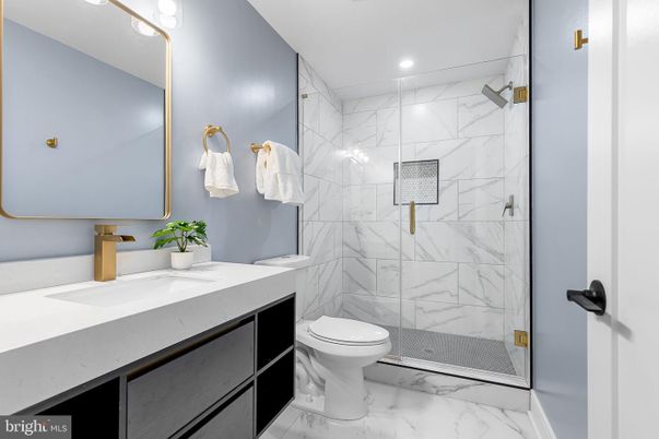 Bathroom, Glass Shower, Interior, Marble, Marble Walls, Recessed Lighting