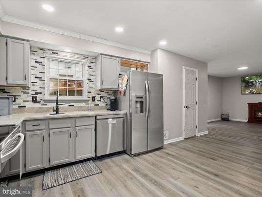 Interior, Kitchen, Recessed Lighting, Stainless Steel Appliances, Wood Texture Flooring