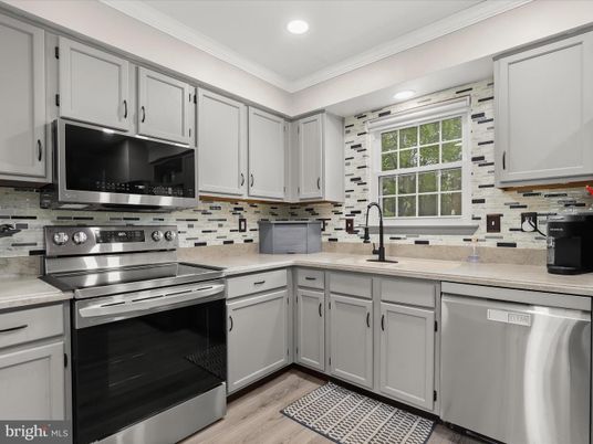 Interior, Kitchen, Recessed Lighting, Stainless Steel Appliances, Wood Texture Flooring