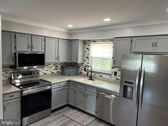 Interior, Kitchen, Recessed Lighting, Stainless Steel Appliances, Wood Texture Flooring