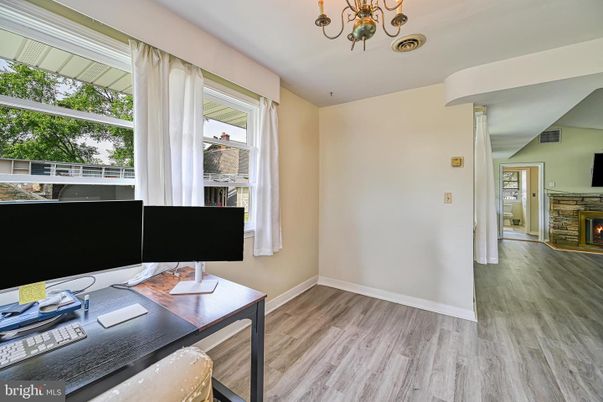 Chandelier, Fireplace, Home Office, Interior, Wood Texture Flooring