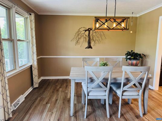 Dining room, Interior, Pendant Lights, Wood Texture Flooring