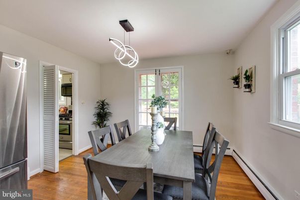 Dining room, Interior, Pendant Lights, Wood Texture Flooring