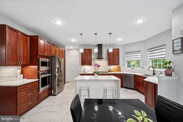 Interior, Kitchen, Marble, Pendant Lights, Recessed Lighting, Stainless Steel Appliances