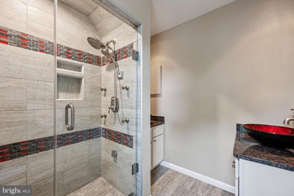 Bathroom, Glass Shower, Interior, Wood Texture Flooring