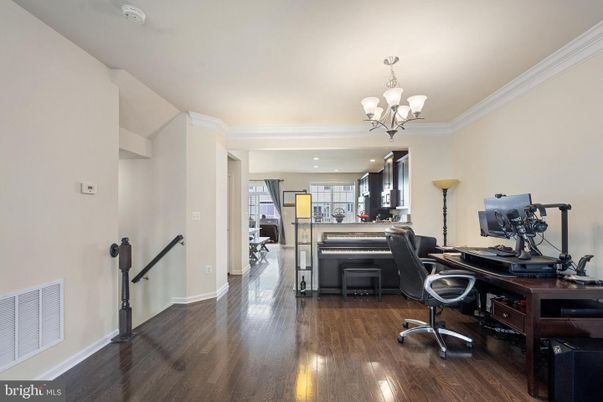 Chandelier, Home Office, Interior, Recessed Lighting, Wood Texture Flooring