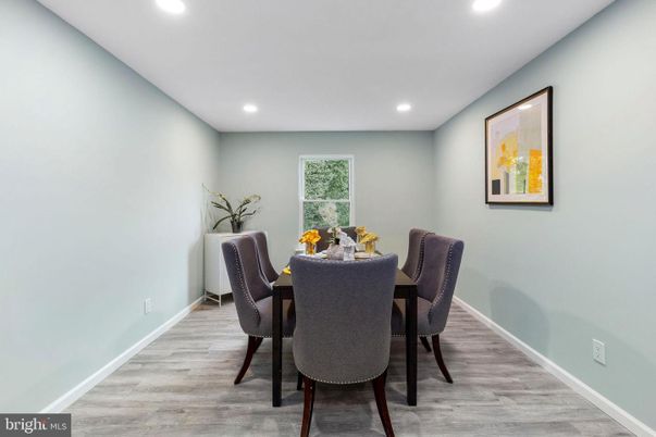Dining room, Interior, Recessed Lighting, Wood Texture Flooring