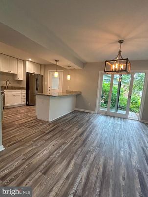 Empty room, Interior, Kitchen, Pendant Lights, Wood Texture Flooring