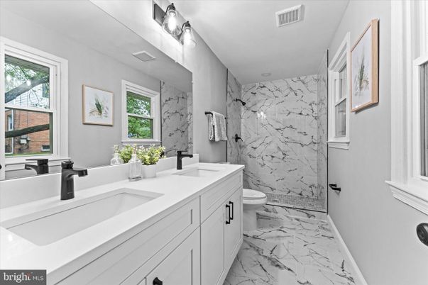 Bathroom, Dual Sink Vanities, Glass Shower, Interior, Marble, Marble Walls