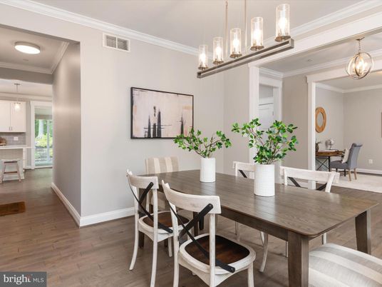 Dining room, Interior, Pendant Lights, Wood Texture Flooring