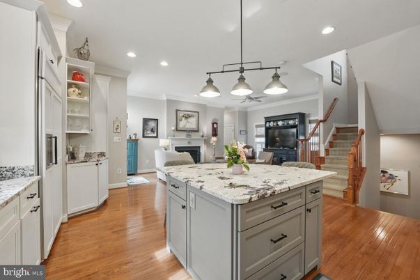 Fireplace, Interior, Kitchen, Living room, Pendant Lights, Recessed Lighting, Wood Texture Flooring