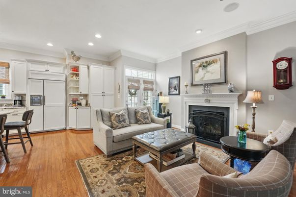 Fireplace, Interior, Kitchen, Living room, Recessed Lighting, Wood Texture Flooring