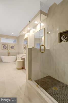Bathroom, Free Standing Baths, Glass Shower, Interior, Recessed Lighting