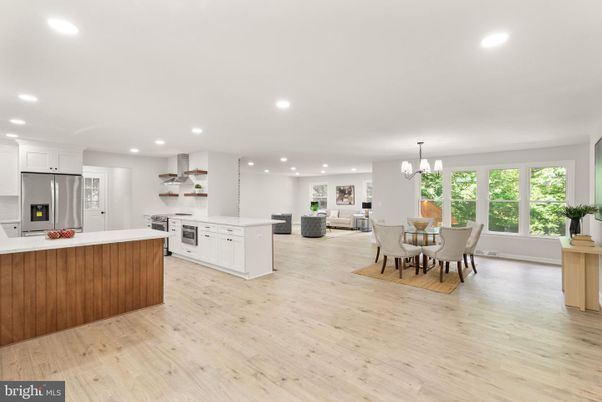 Chandelier, Dining room, Interior, Kitchen, Living room, Recessed Lighting, Stainless Steel Appliances, Wood Texture Flooring