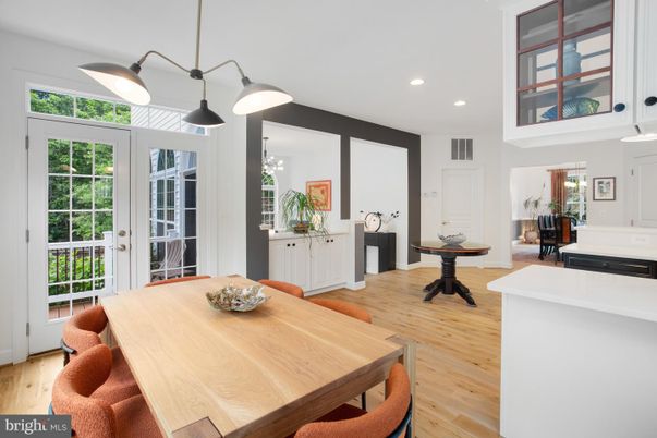 Dining room, Interior, Pendant Lights, Recessed Lighting, Wood Texture Flooring