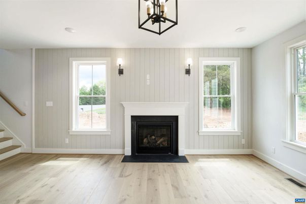 Empty room, Fireplace, Interior, Pendant Lights, Recessed Lighting, Wood Texture Flooring
