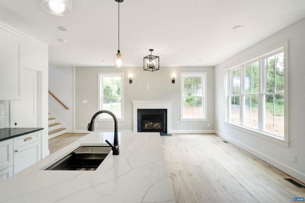 Fireplace, Interior, Kitchen, Pendant Lights, Recessed Lighting, Wood Texture Flooring