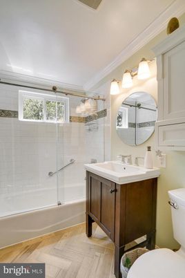 Bathroom, Glass Shower, Interior, Wood Texture Flooring