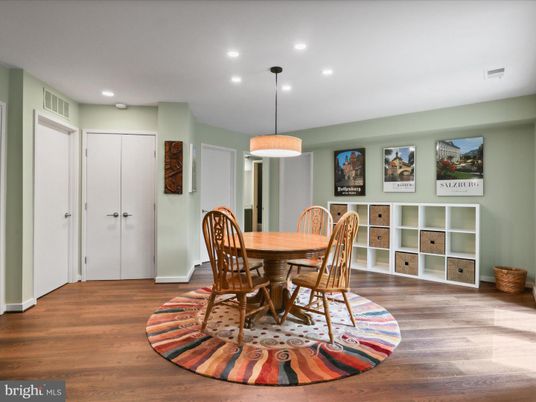 Dining room, Interior, Pendant Lights, Recessed Lighting, Wood Texture Flooring