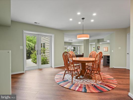 Dining room, Interior, Pendant Lights, Recessed Lighting, Wood Texture Flooring