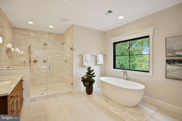 Bathroom, Free Standing Baths, Glass Shower, Interior, Recessed Lighting