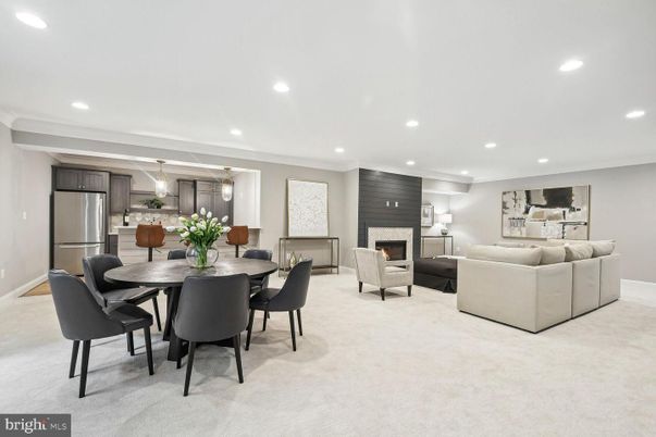 Dining room, Fireplace, Interior, Kitchen, Living room, Pendant Lights, Recessed Lighting, Stainless Steel Appliances