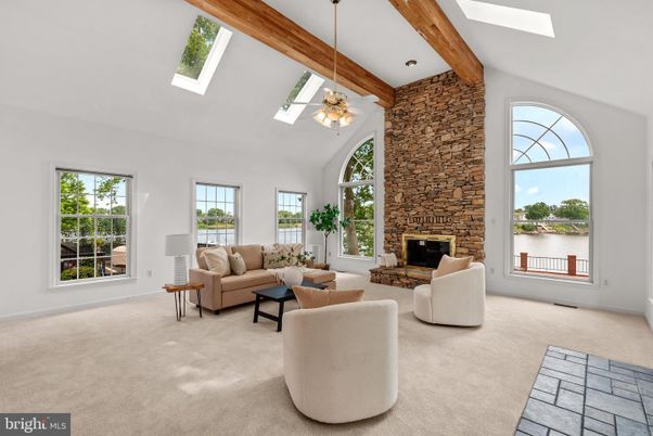 Fireplace, Interior, Living room, Stone Walls, Water, Wooden Beams
