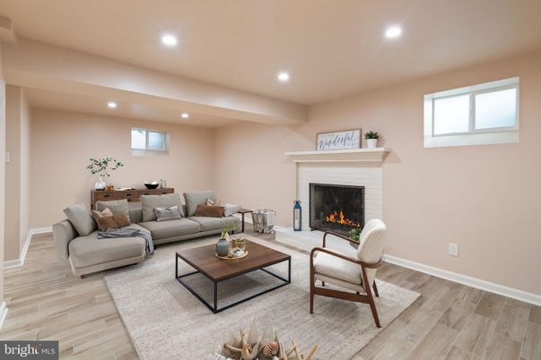 Fireplace, Interior, Living room, Recessed Lighting, Wood Texture Flooring