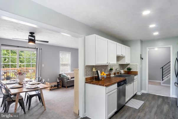 Dining room, Interior, Kitchen, Living room, Recessed Lighting, Wood Texture Flooring