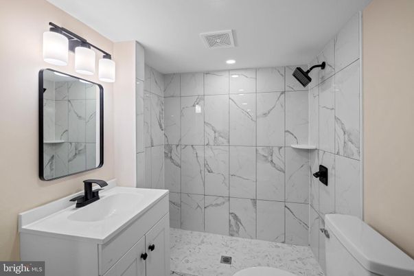 Bathroom, Glass Shower, Interior, Marble, Marble Walls, Recessed Lighting