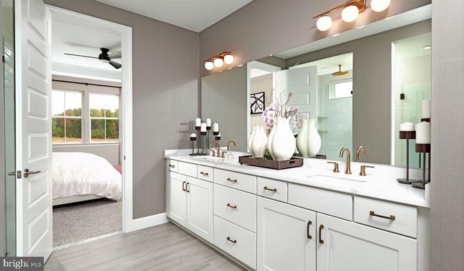 Bathroom, Dual Sink Vanities, Glass Shower, Interior, Wood Texture Flooring