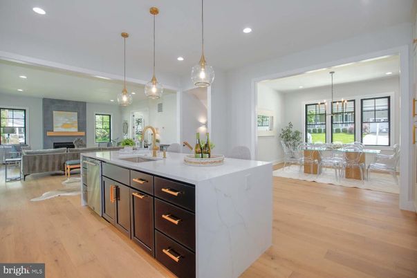 Dining room, Fireplace, Interior, Kitchen, Living room, Pendant Lights, Recessed Lighting, Wood Texture Flooring