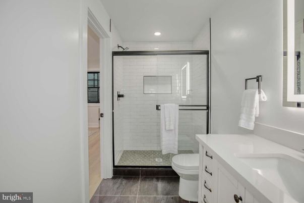 Bathroom, Glass Shower, Interior, Recessed Lighting, Wood Texture Flooring