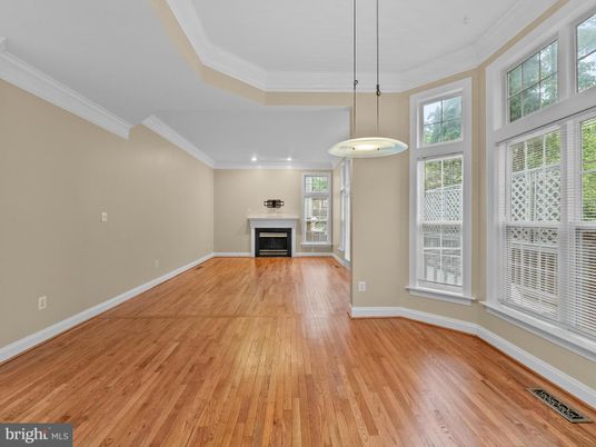 Empty room, Fireplace, Interior, Pendant Lights, Recessed Lighting, Wood Texture Flooring